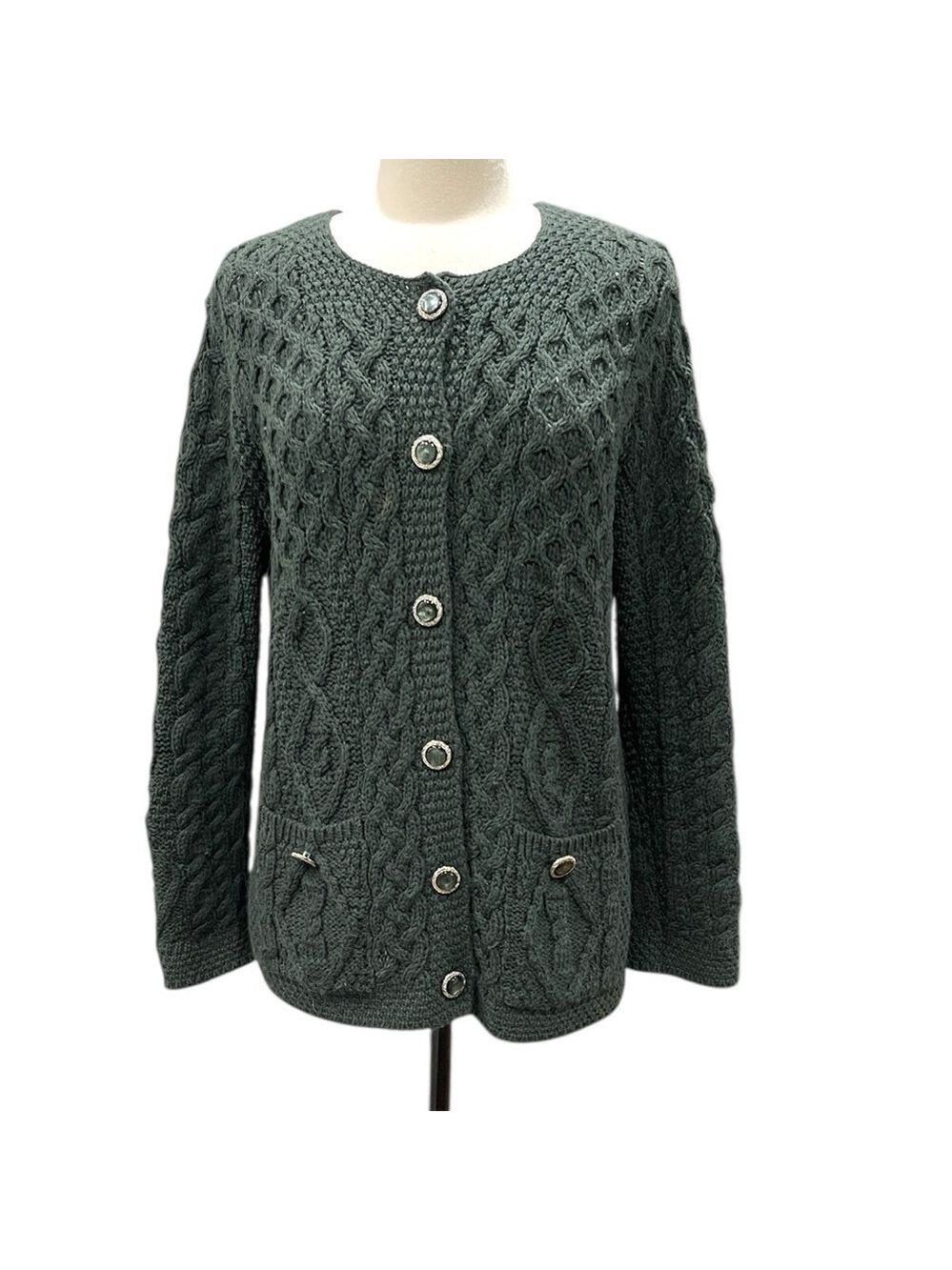 Aran Crafts Merino Wool Cable Knit Cardigan Made in Ireland SZ M Green Women’s